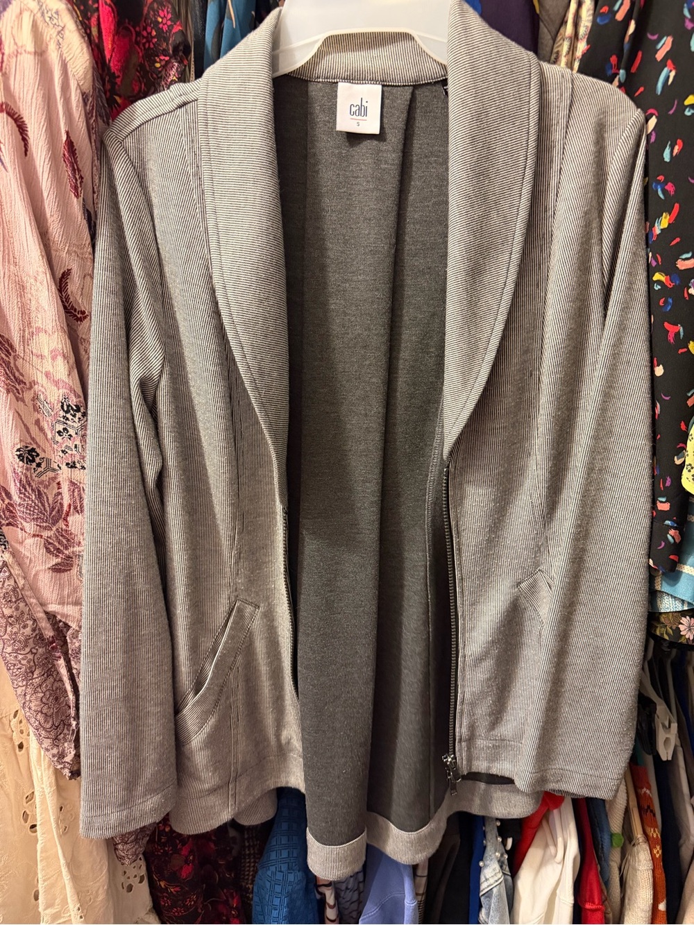 CAbi Gray Shawl-Collar Zip Cardigan